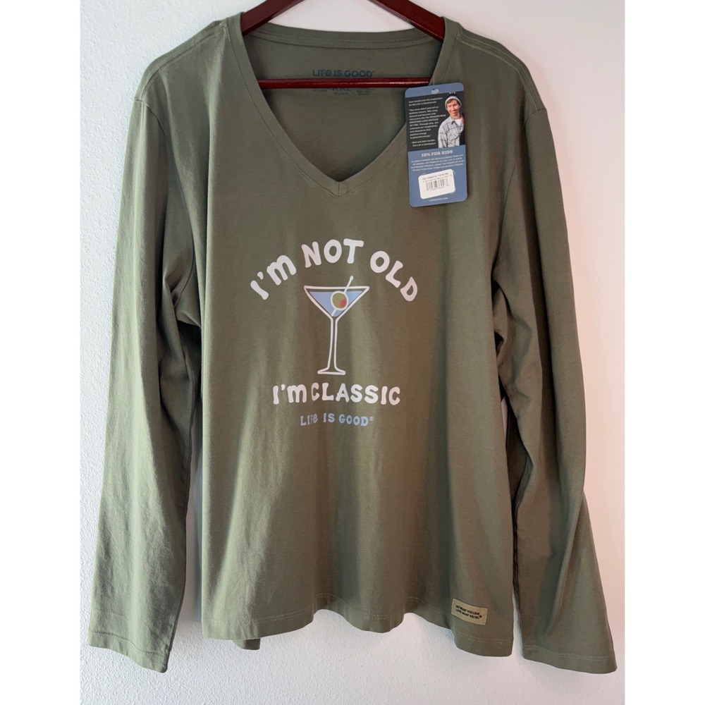 Life Is Good Olive Green T-Shirt Graphic Tee Cotton Green Martini Casual Weekend